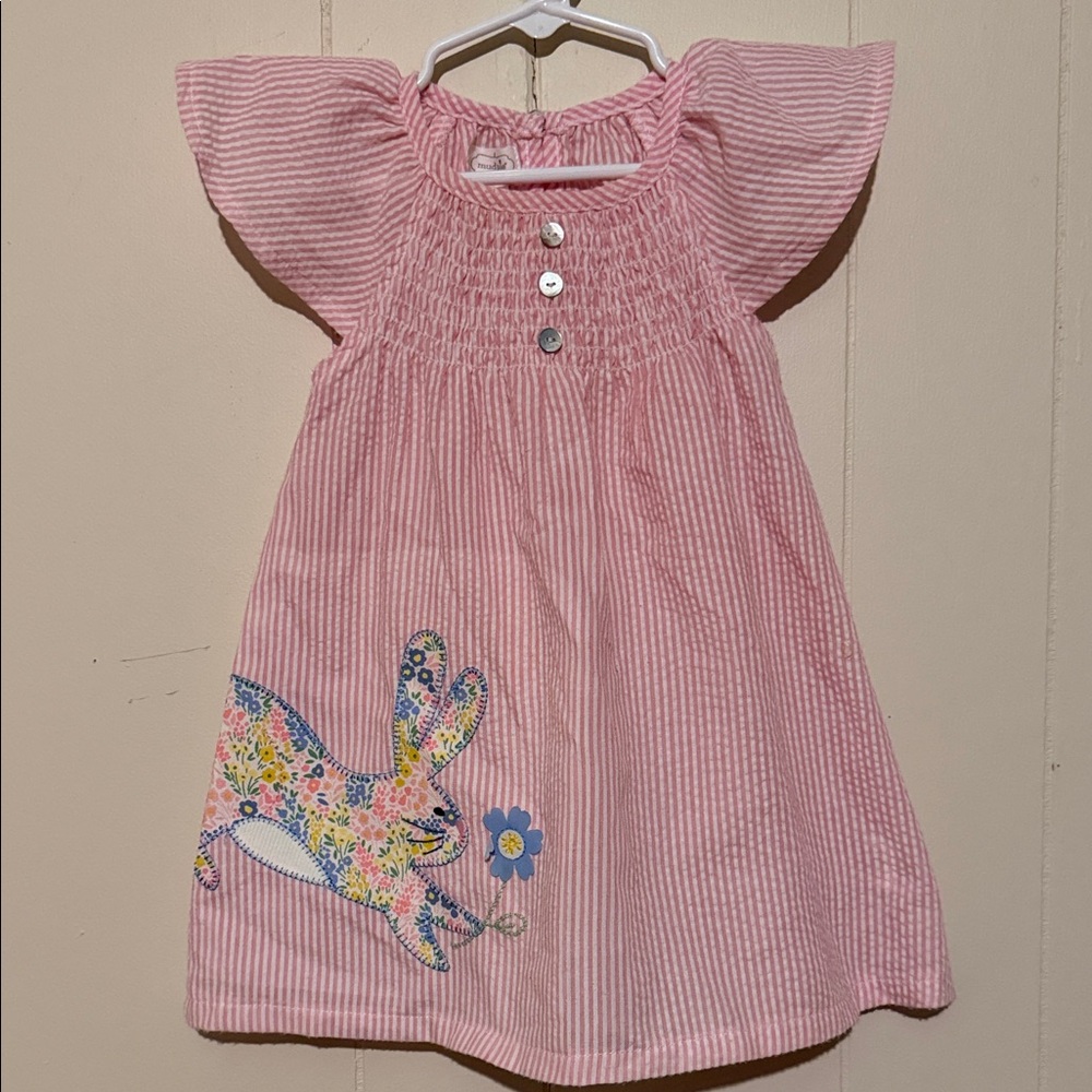 Mud Pie Pink Striped Dress with Floral Bunny Applique - Picture 2 of 3
